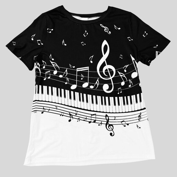 Music Note Piano Keyboard Top Size XL Black White Short Sleeve Stretch Shirt - Picture 3 of 8